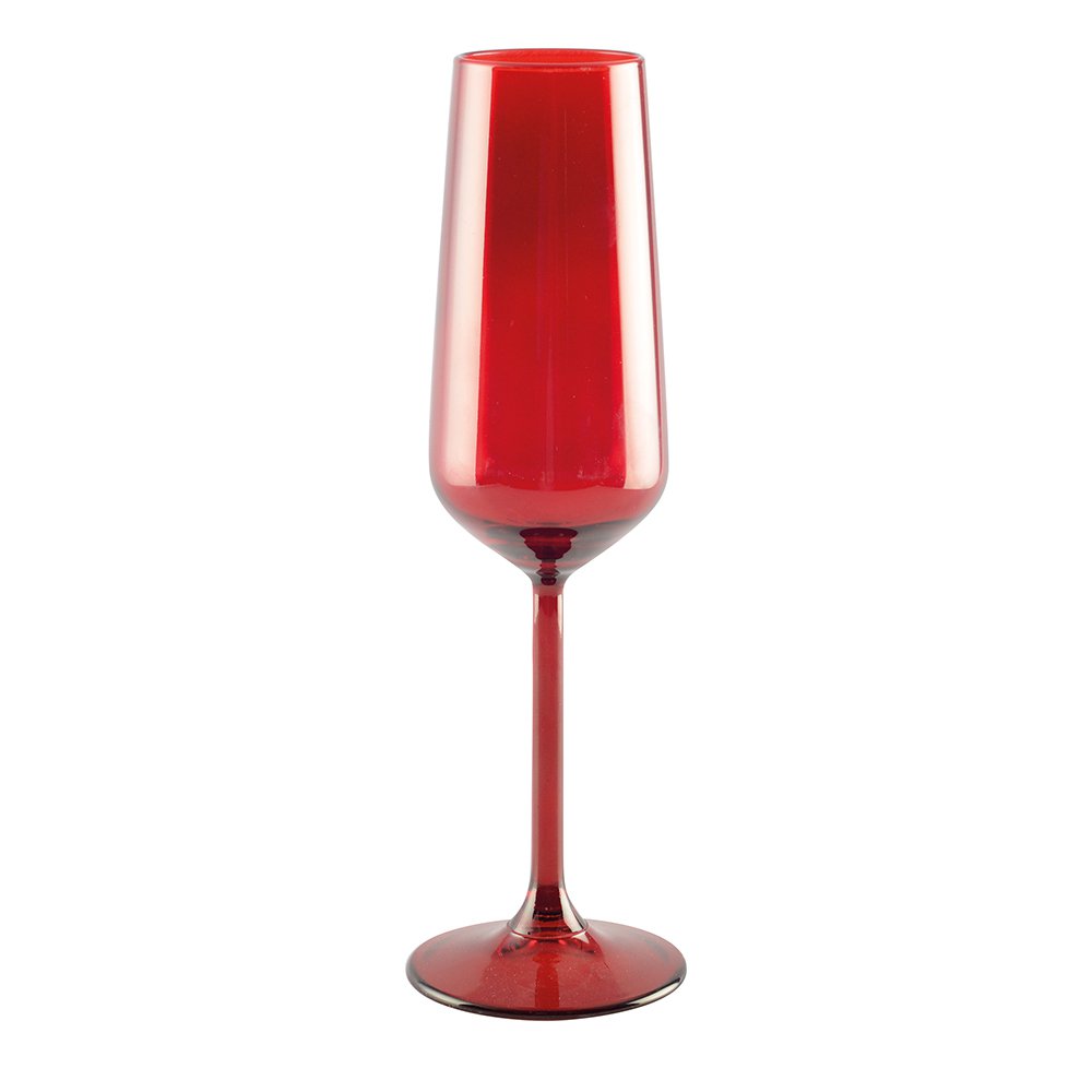 A vibrant red, solid-colored champagne flute with a rounded body and a slender stem on a matching red base.