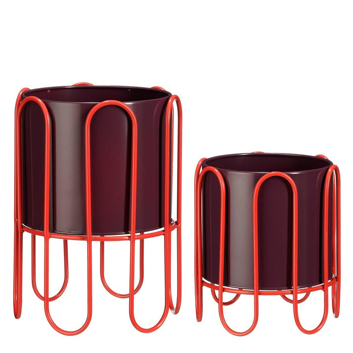 Dione flowerpot on standard - Set of 2 - H35 x Ø26 cm - Metal - Dark red, light red