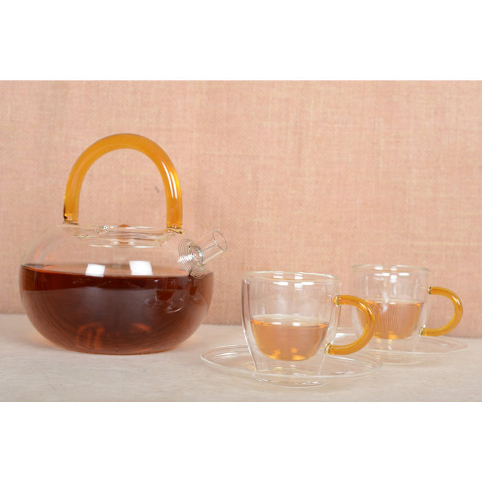 DOUBLE WALL CUPS AND SAUCER YELLOW HANDLE - SET OF 4