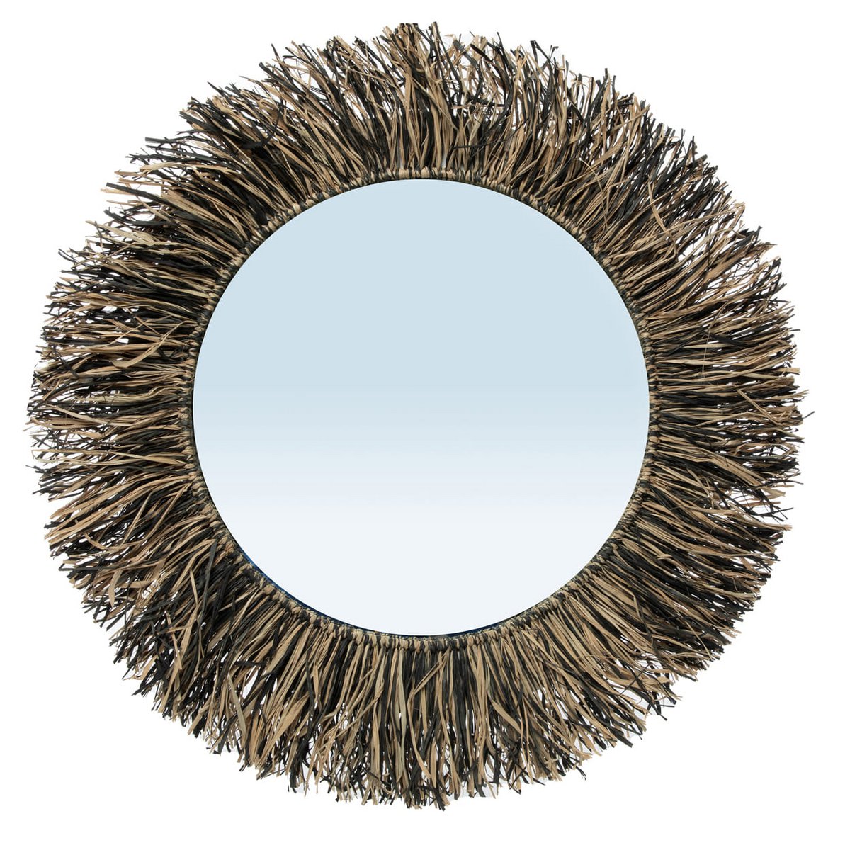 Round mirror with a natural, woven brown frame on a white background