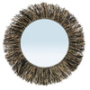 Round mirror with a natural, woven brown frame on a white background