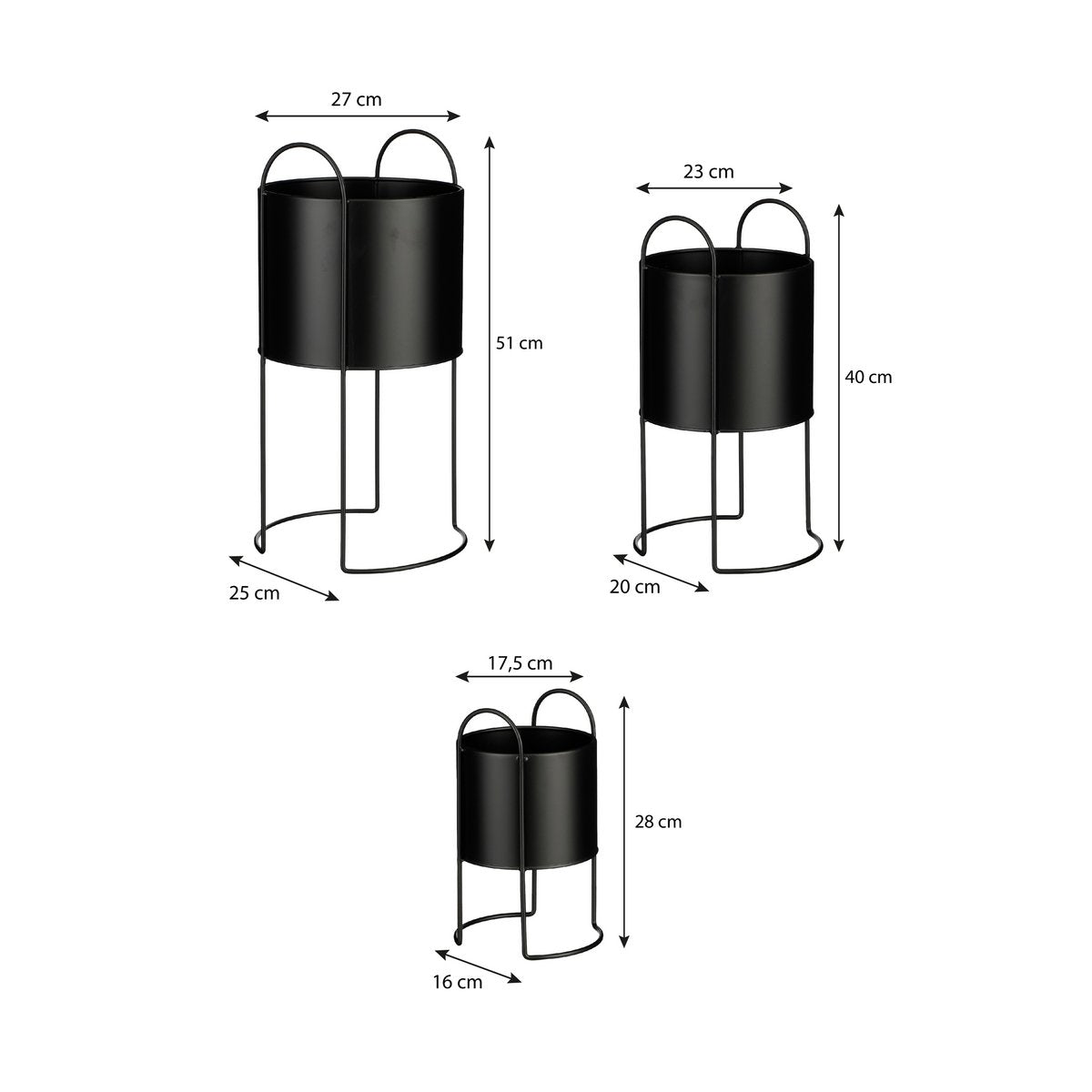 Petry flowerpot on standard - Set of 3 - L27 x B25 x H51 cm - Metal - Black