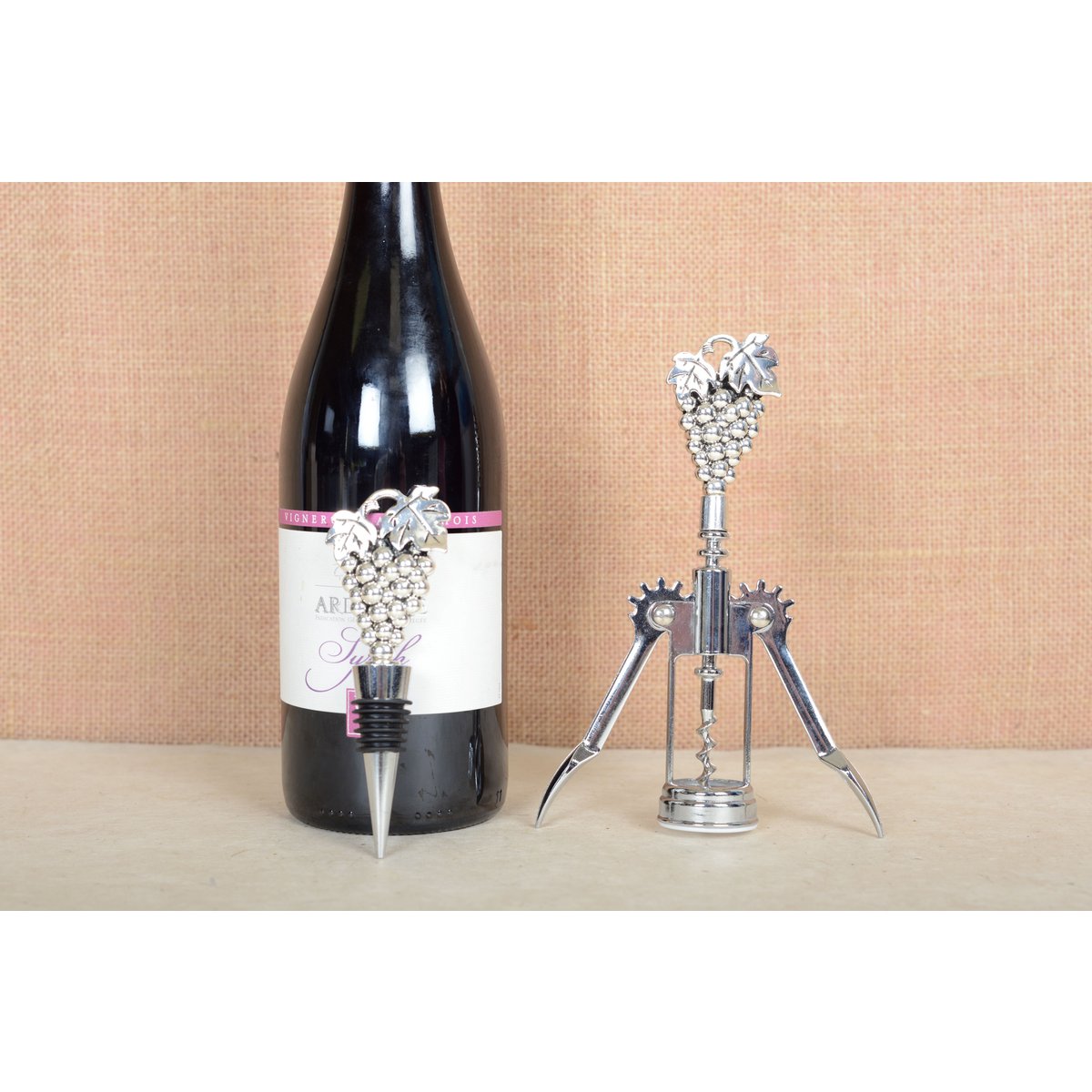 CORKSCREW AND SILVER GRAPE BOTTLE STOPPER
