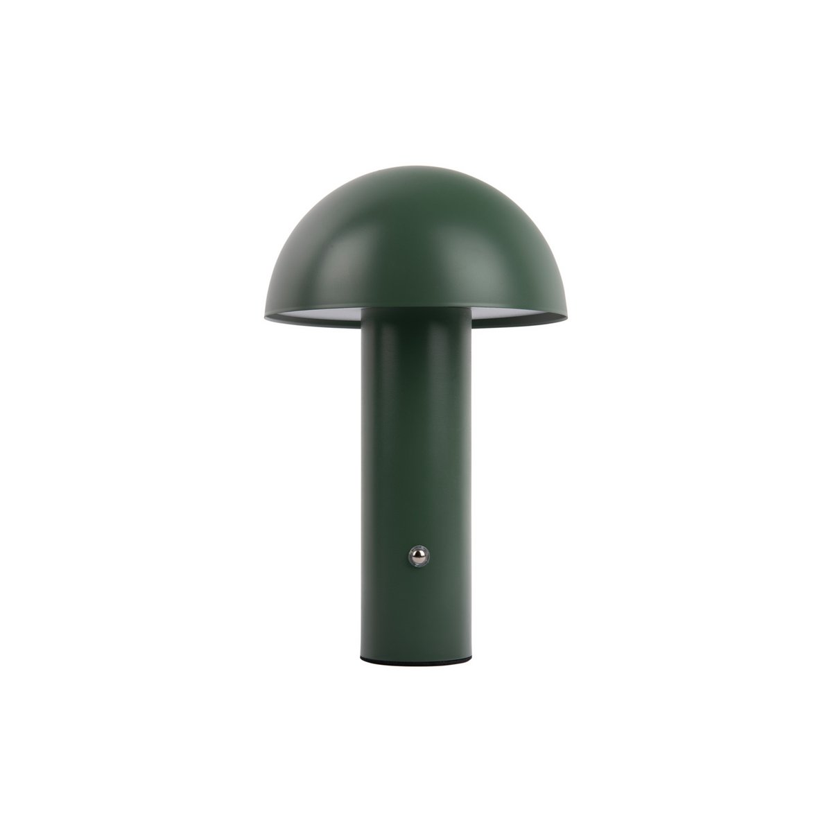 A green matte table lamp with a bulbous top and a cylindrical base, featuring a small knob on the front for on/off.