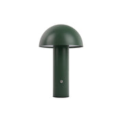 A green matte table lamp with a bulbous top and a cylindrical base, featuring a small knob on the front for on/off.