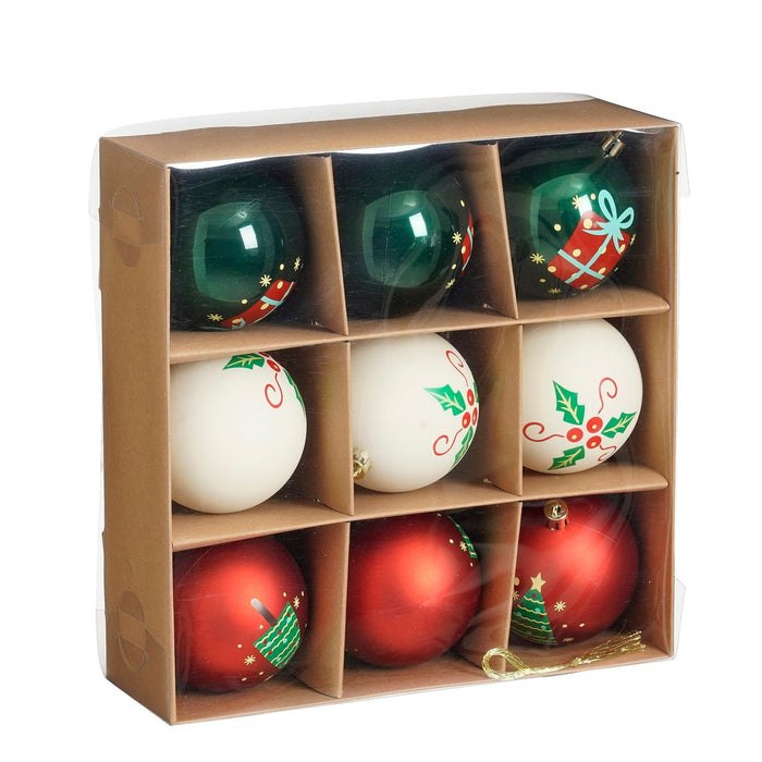 Christmas balls set - 9 pieces - Ø8 cm - Unbreakable - White, Red, Green