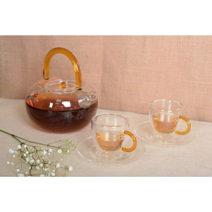 DOUBLE WALL CUPS AND SAUCER YELLOW HANDLE - SET OF 4