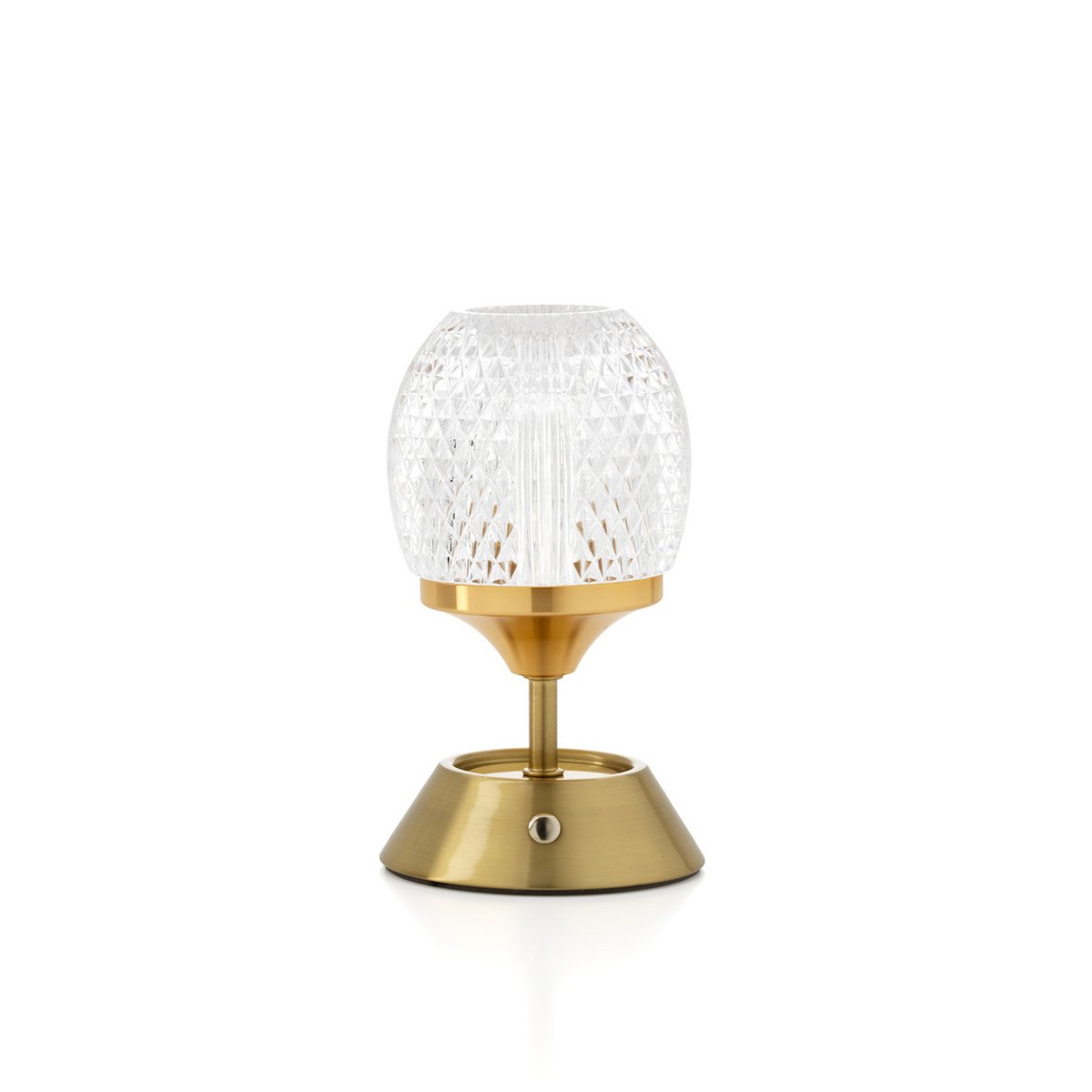 Decorative lamp with gold base and textured glass shade on a white background