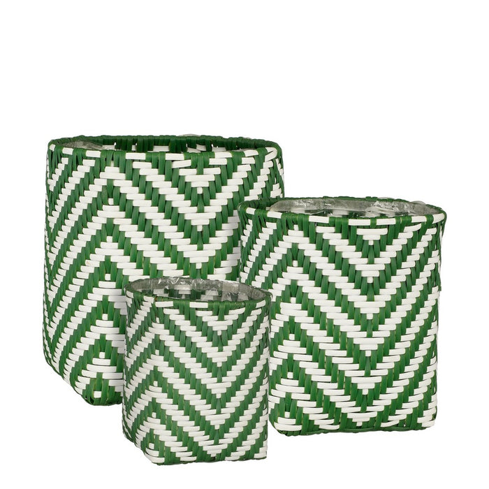 Merlijn Outdoor Plantenmand - Set van 3 - H26 x Ø24 cm - Gerecycled Plastic - Donkergroen, Wit