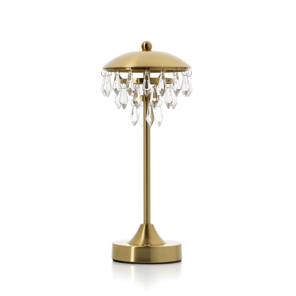 Gold table lamp with crystal accents on a white background