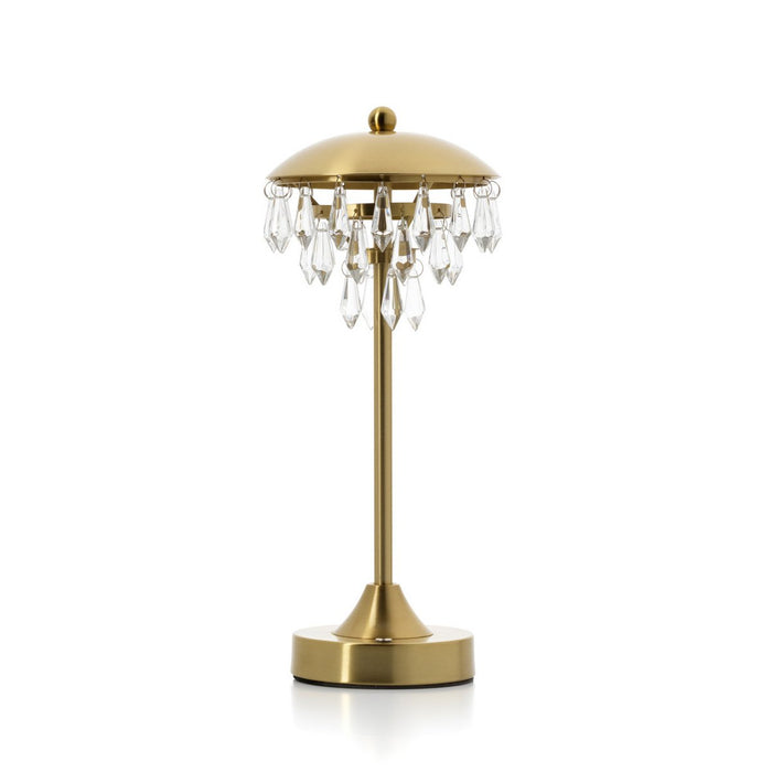 Gold table lamp with crystal accents on a white background