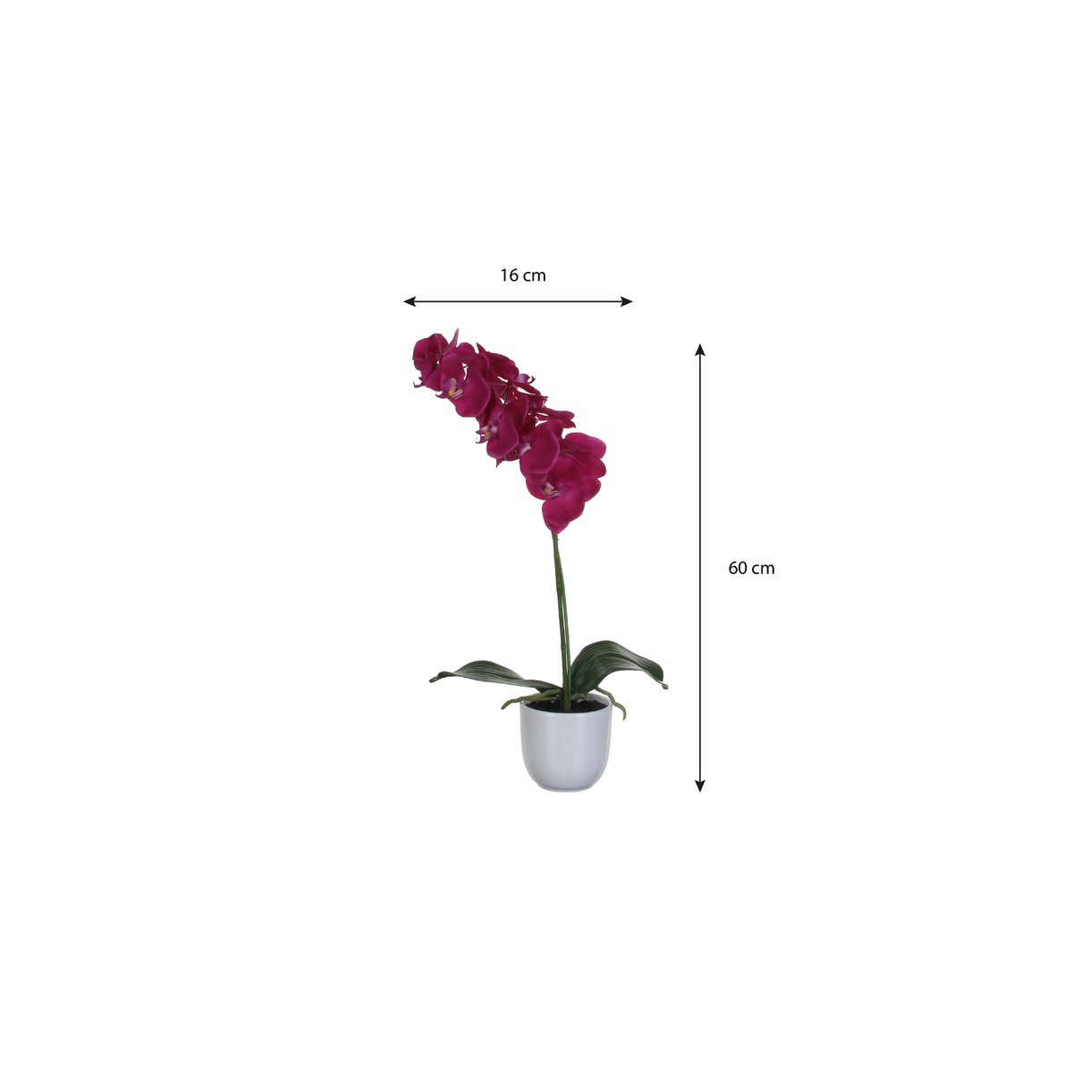 Artificial purple orchid plant with dimensions on a white background