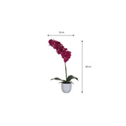 Artificial purple orchid plant with dimensions on a white background