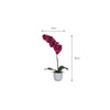 Artificial purple orchid plant with dimensions on a white background