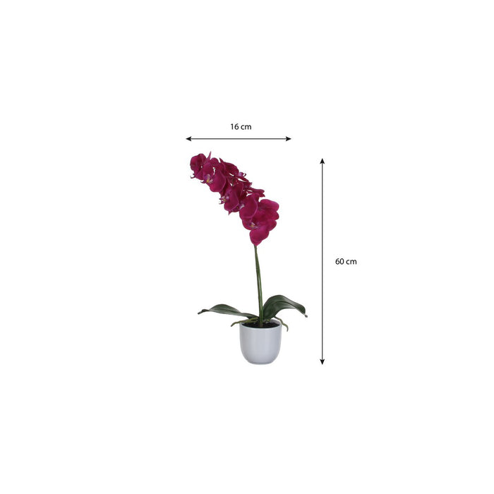 Artificial purple orchid plant with dimensions on a white background