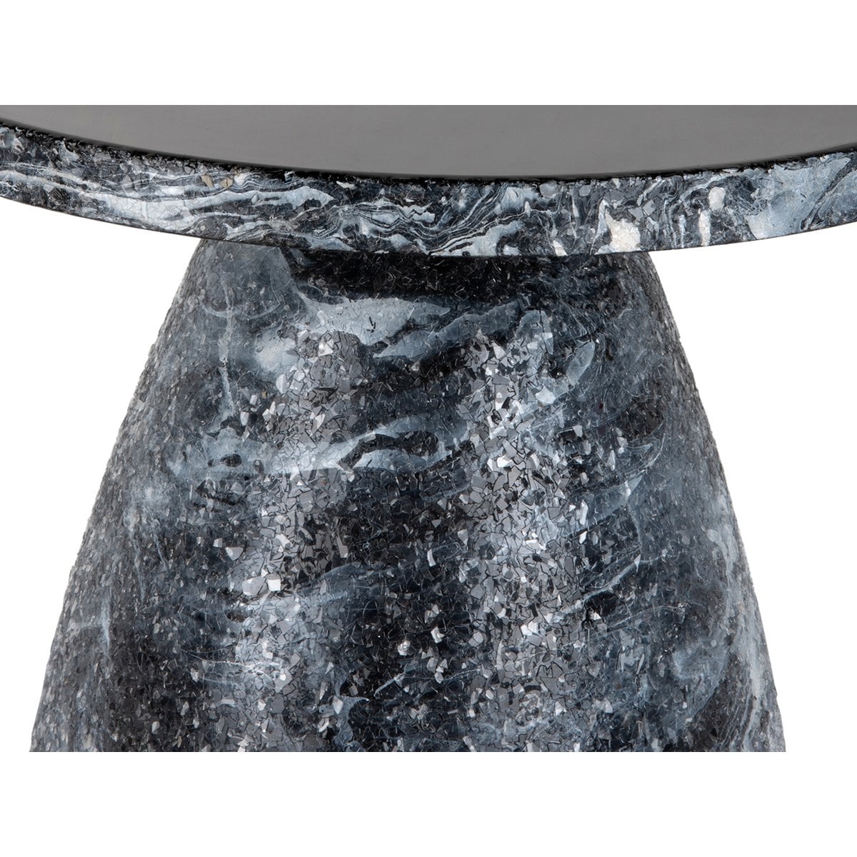 Marble pedestal table with a dark gray and white marbled pattern.