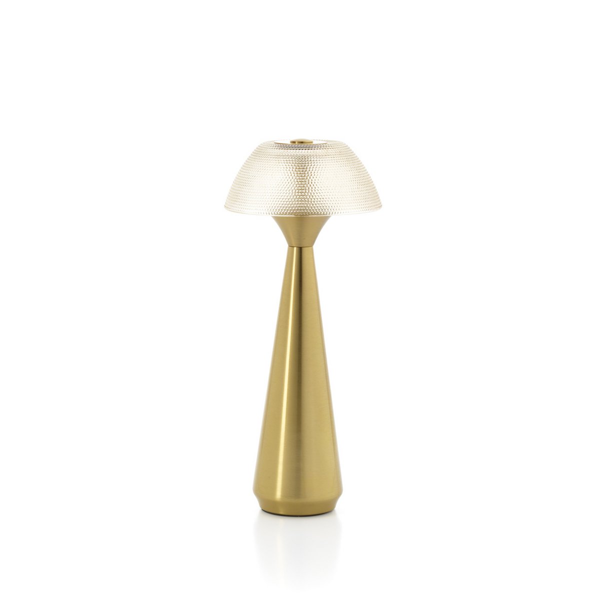 Gold floor lamp with textured shade on a white background