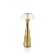 Gold floor lamp with textured shade on a white background