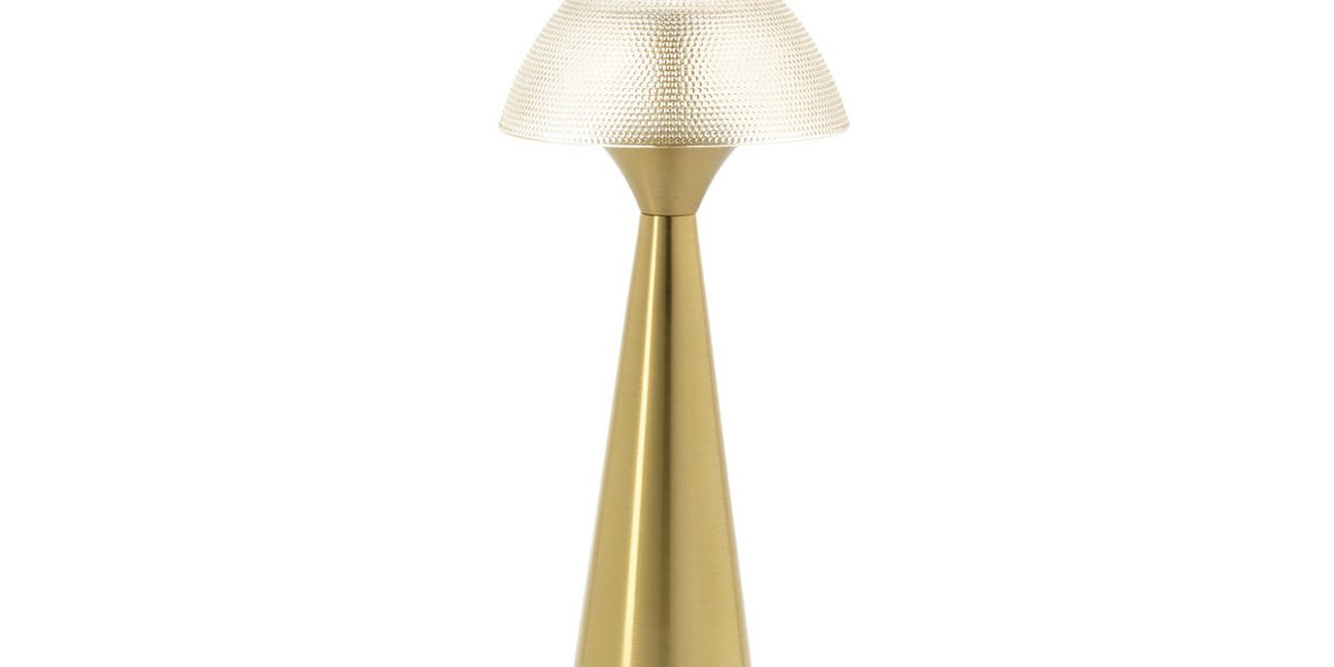 Gold floor lamp with textured shade on a white background