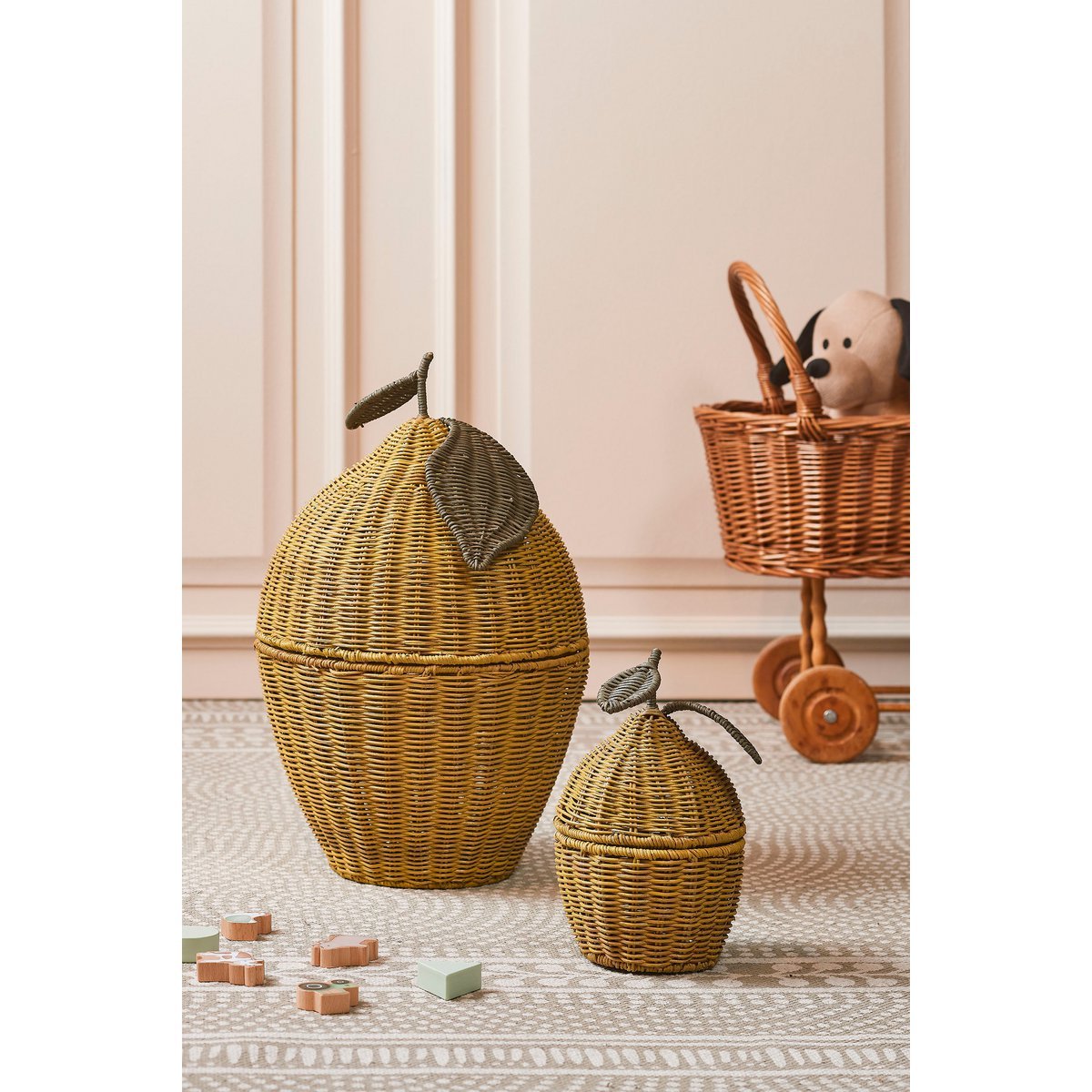 Storage Basket with Lid - Set of 2 - H48 x Ø30 cm - Rattan - Yellow