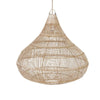 Woven rattan pendant light on a white background