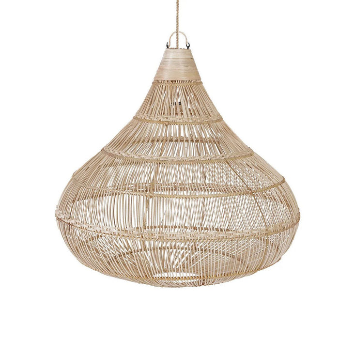 Woven rattan pendant light on a white background