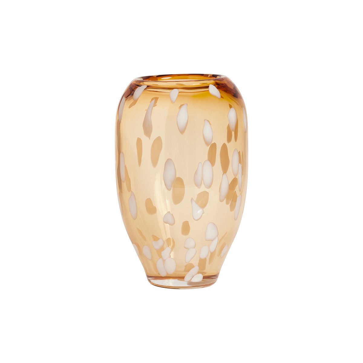 Decorative glass vase with a speckled pattern on a white background