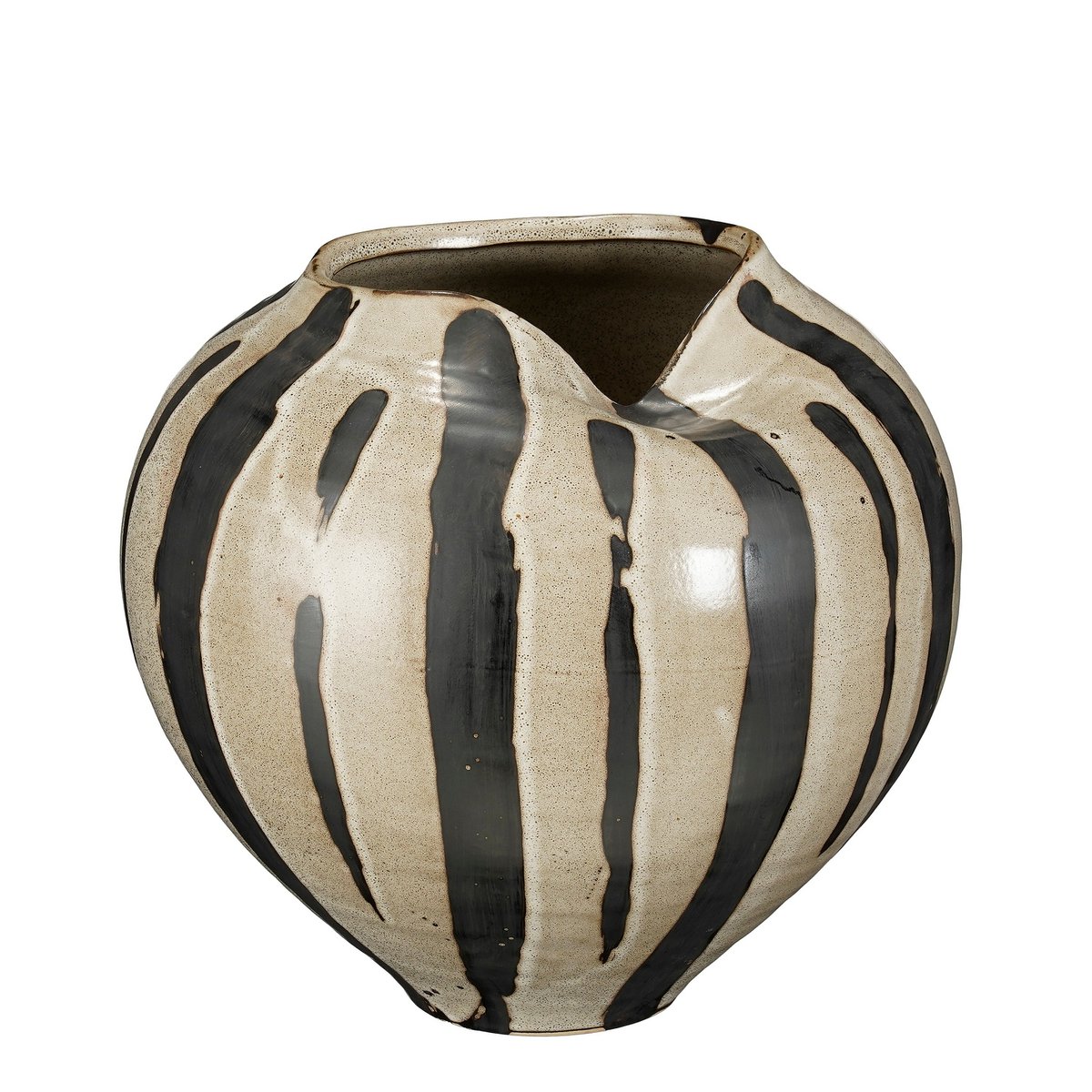 Ceramic vase with black and white striped pattern on a white background