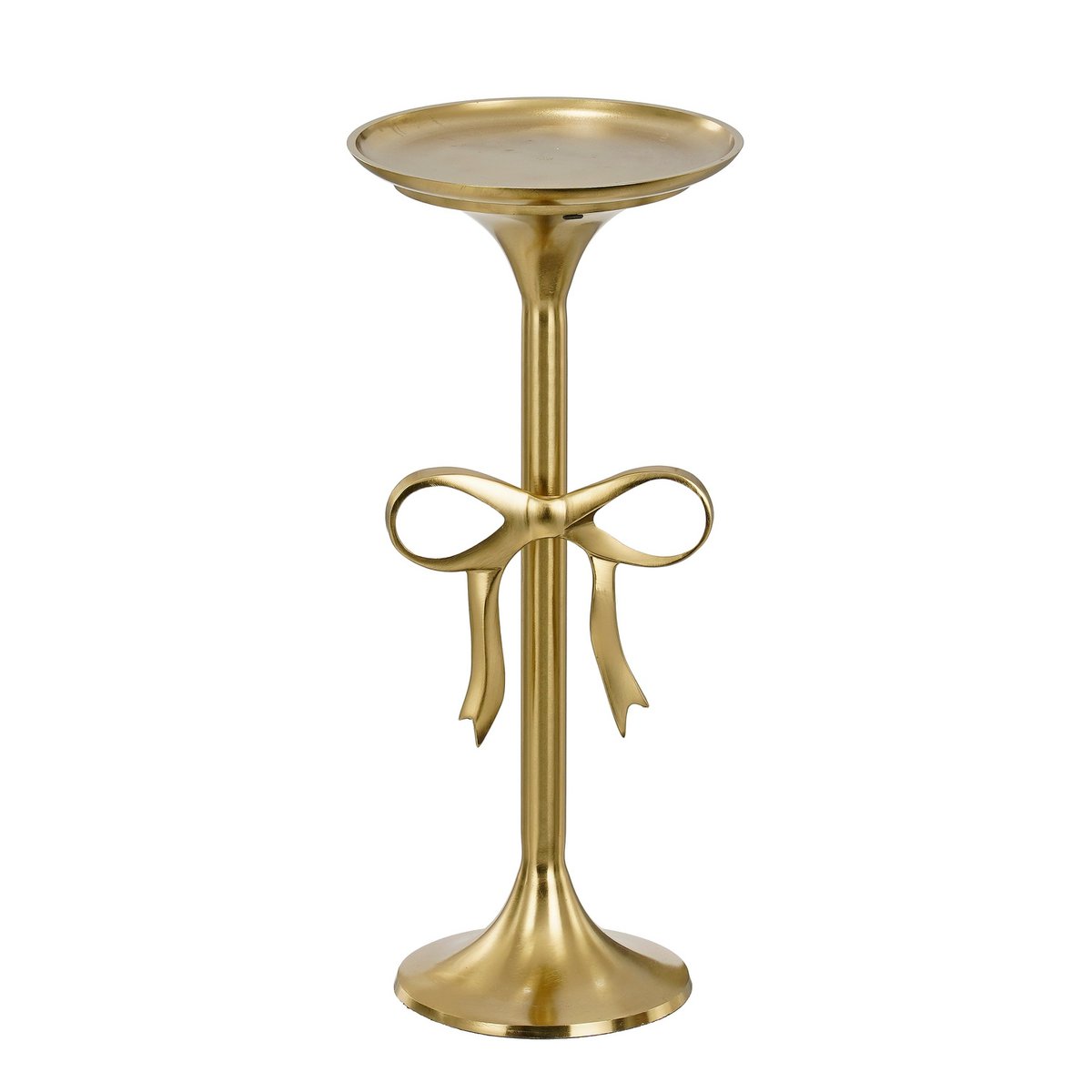 Gold side table with decorative bow design on a white background