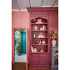 Pink bookshelf with decorative items in a room with a pink wall and blue door.