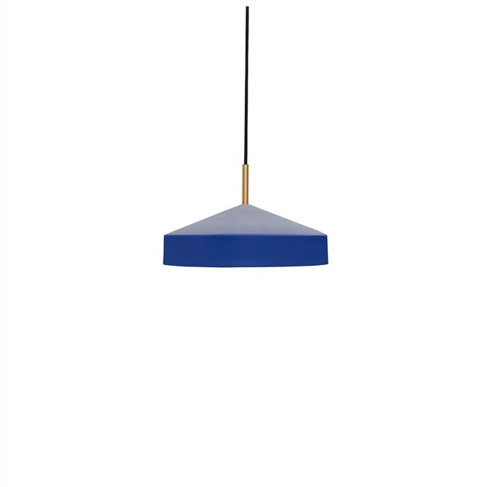 A blue pendant ceiling light with a conical shape and brass details at the top, suspended by a fabric cord.