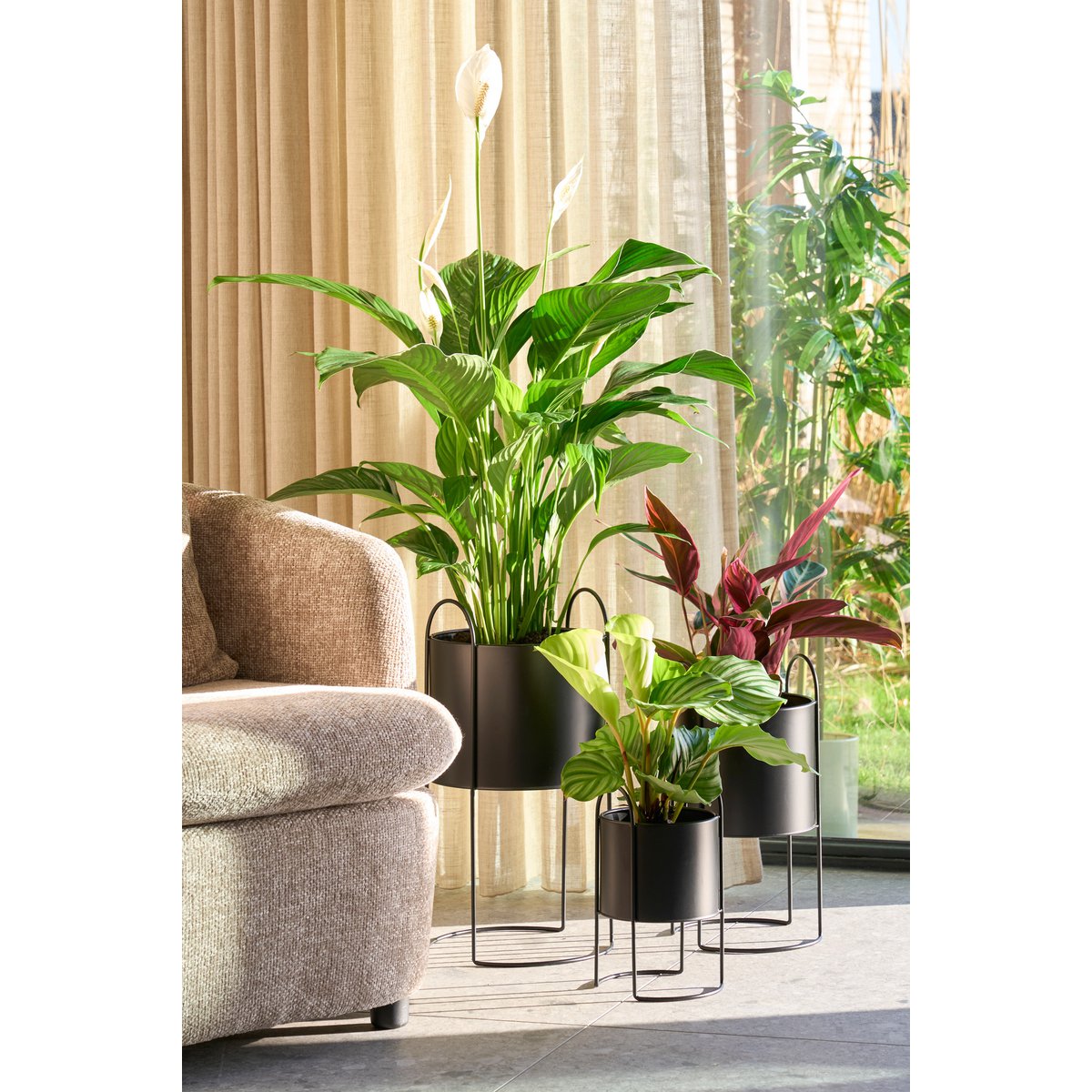 Petry flowerpot on standard - Set of 3 - L27 x B25 x H51 cm - Metal - Black