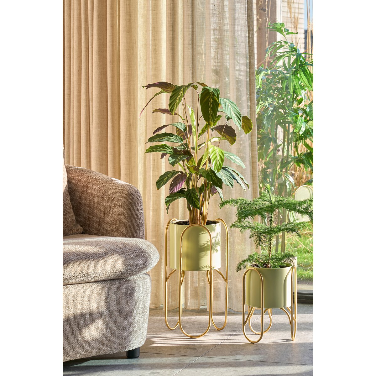 Donau Bloempot op Standaard - Set van 2 - Metaal - H45 x Ø23 cm - Lichtgroen, Goud