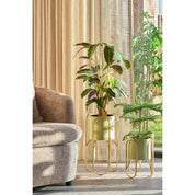 Donau Bloempot op Standaard - Set van 2 - Metaal - H45 x Ø23 cm - Lichtgroen, Goud