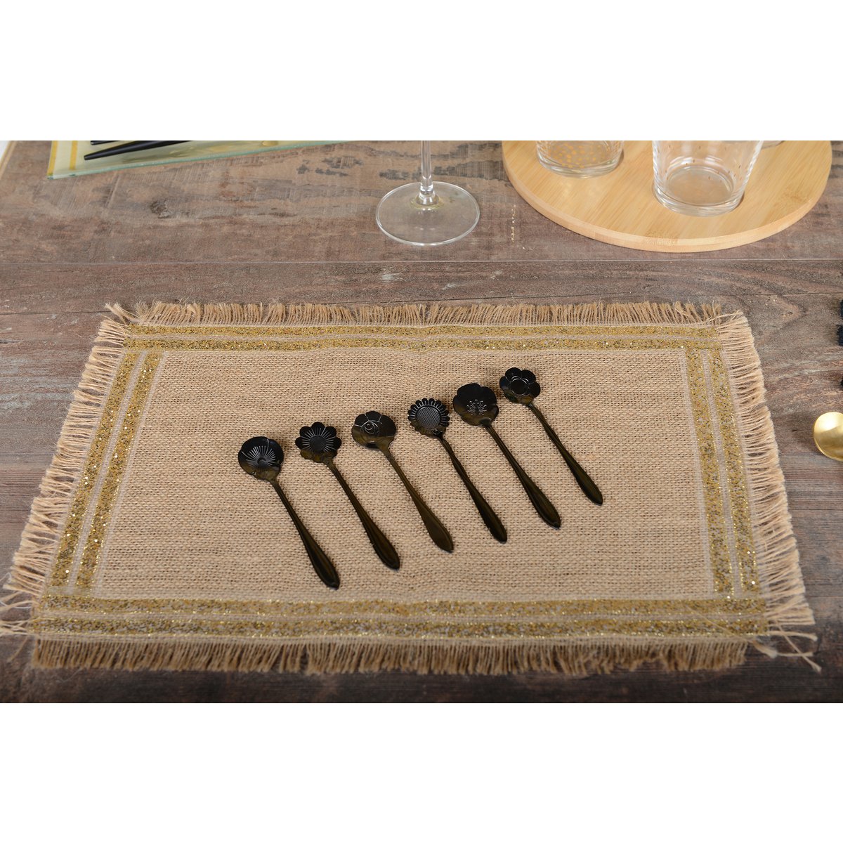 BLACK ASSORTED FLOWER CAKE SPOONS - SET OF 6