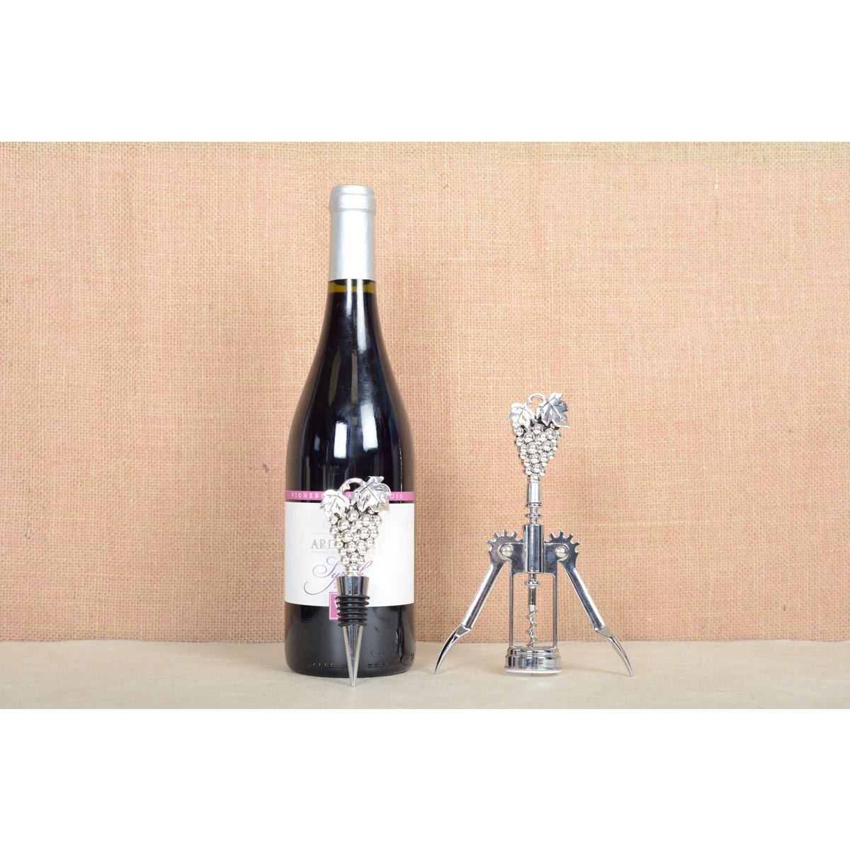 CORKSCREW AND SILVER GRAPE BOTTLE STOPPER