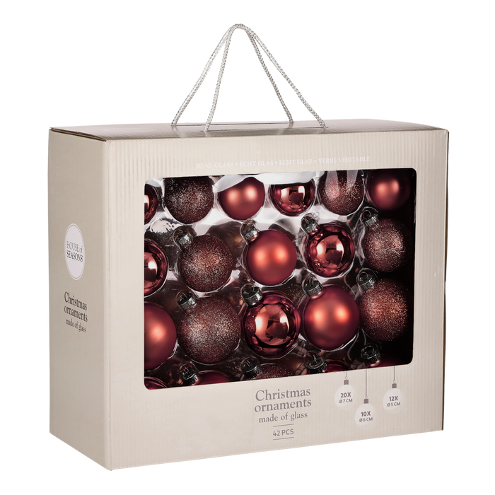 Christmas balls set - 42 pieces - Ø7 cm - Glass - Dark red