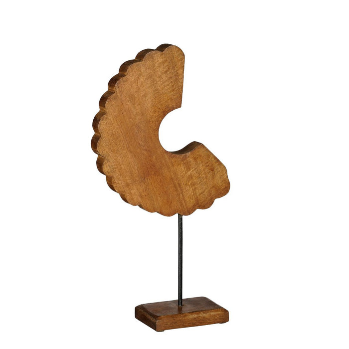 Wooden sculpture with scalloped edge on a stand against a white background