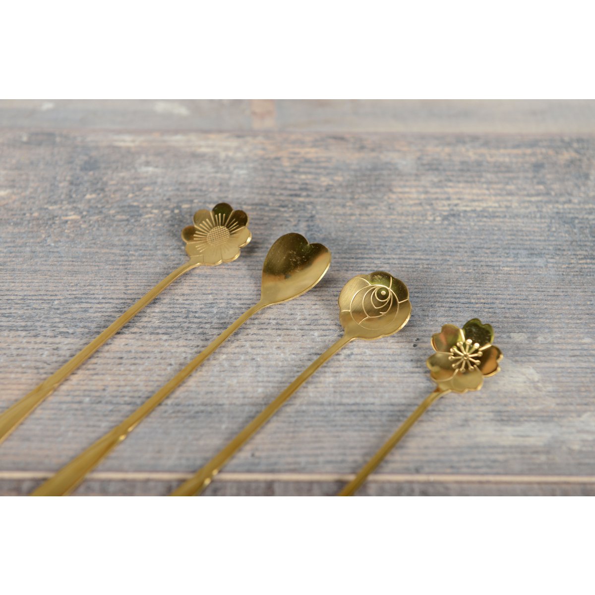 Long flower golden spoons - Lot of 4