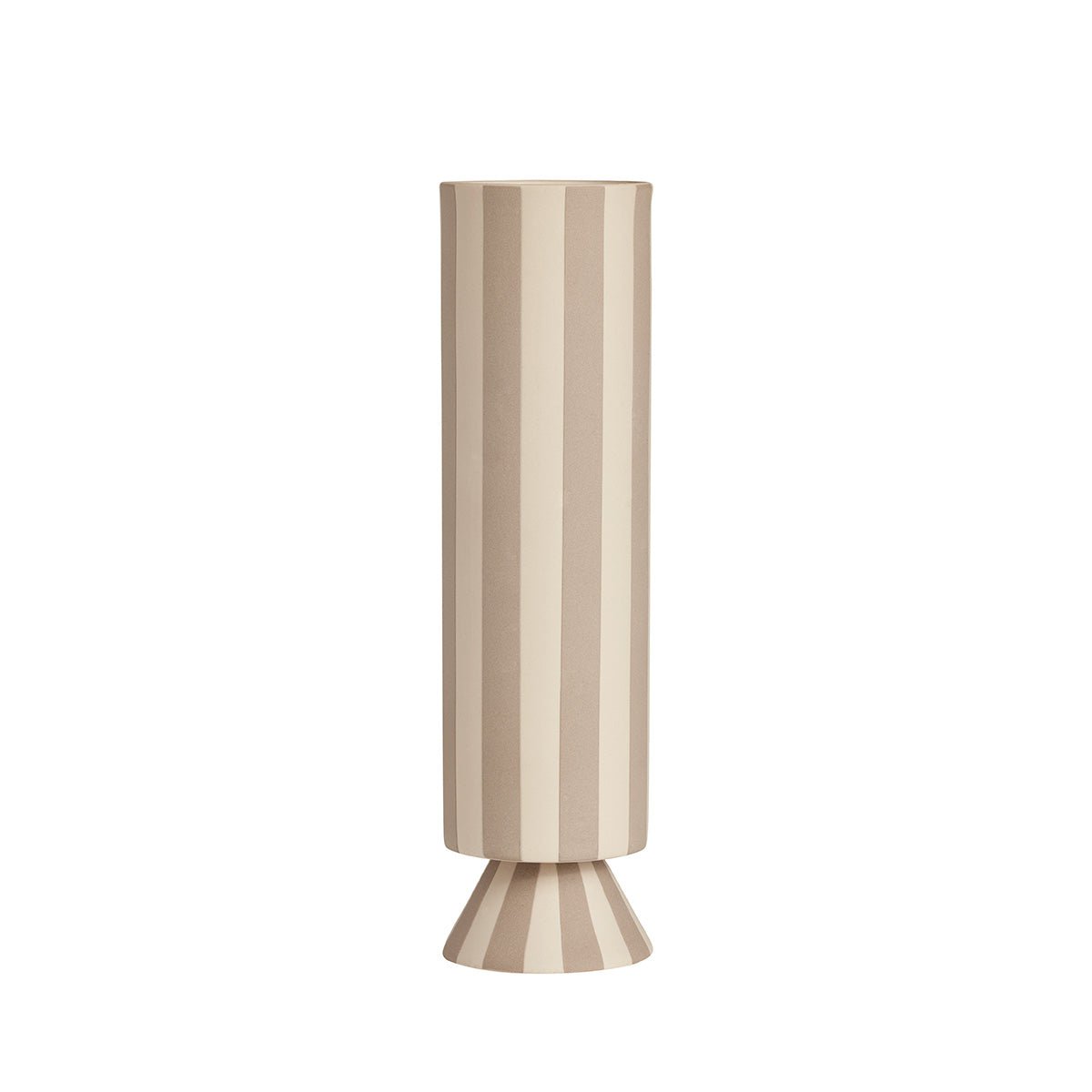 A beige ceramic vase with vertical stripes and a rounded base.
